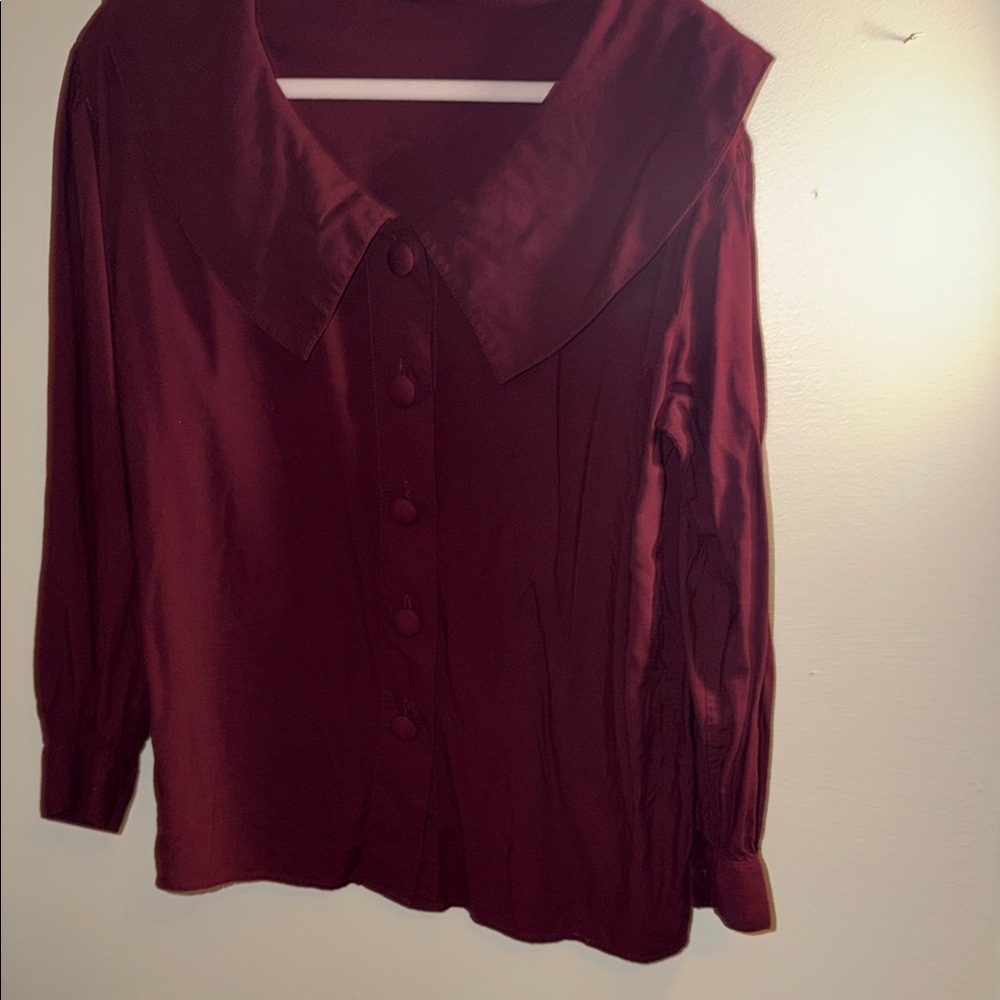 Vintage Deep Burgundy Button-Front Blouse with Wide PeterPan Collar